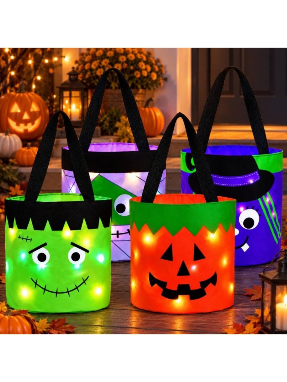 4Pcs LED Light Up Pumpkin Candy Bags for Halloween Trick or Treat Fun